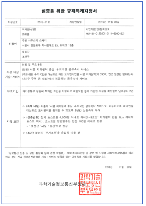 ICT 규제 샌드박스 실증특례 :  서울 지하철역 중심 내외국인 공유숙박 서비스(위홈)x